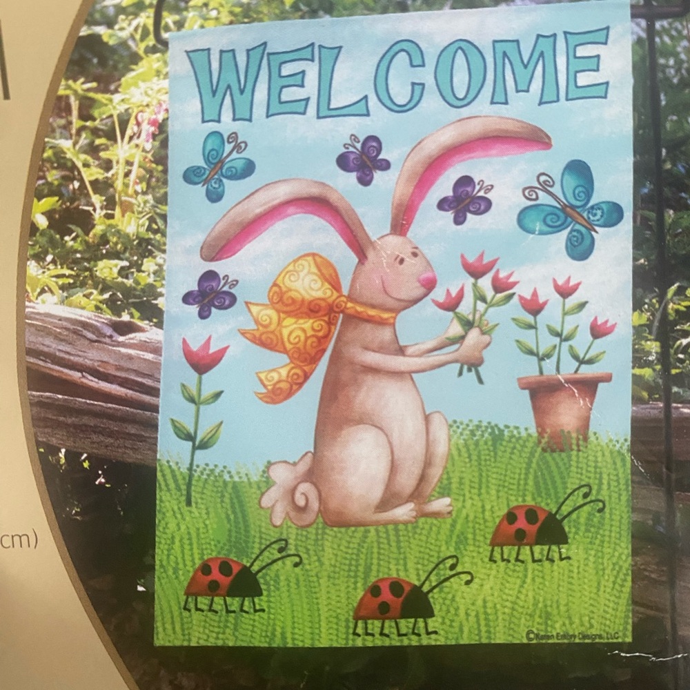 Hummingbird Haven Garden Flag with Bunny and Flowers
